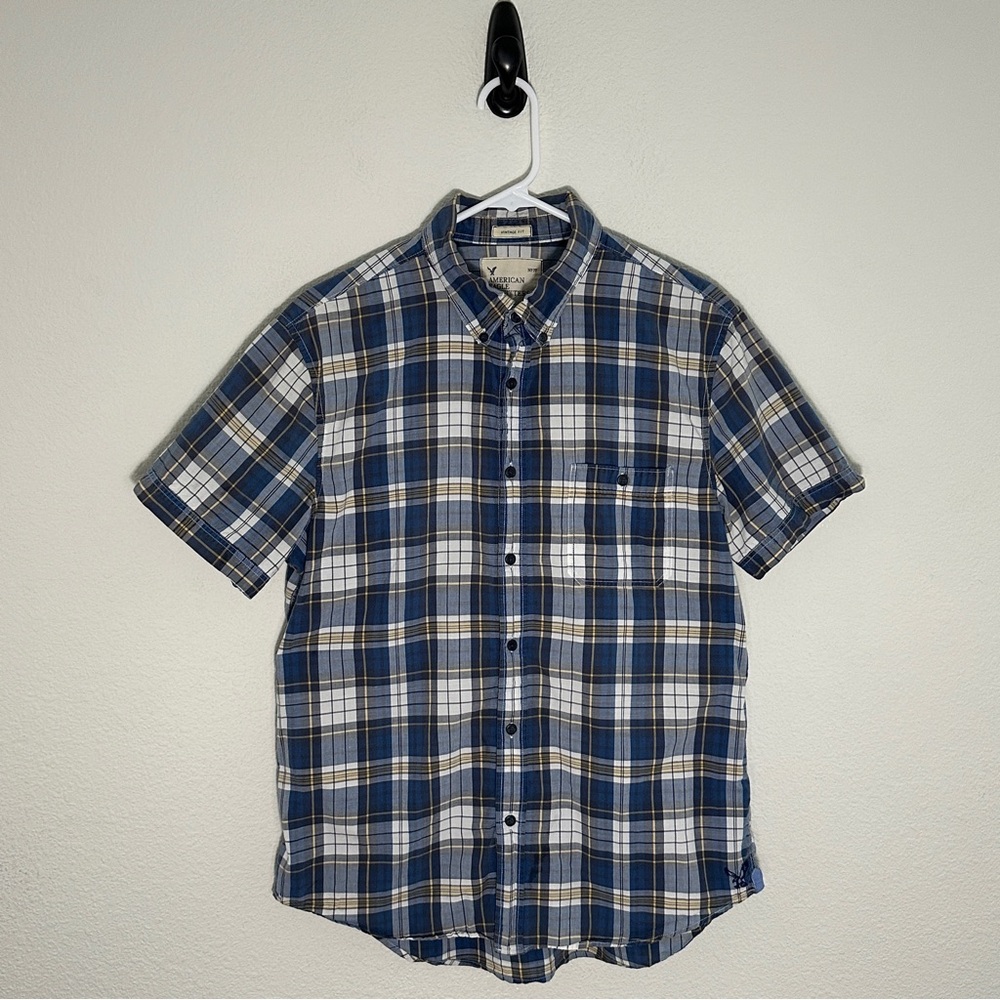 American Eagle Blue Plaid‎ Short Sleeve Vintage Fit Button Down Shirt Large Y2K